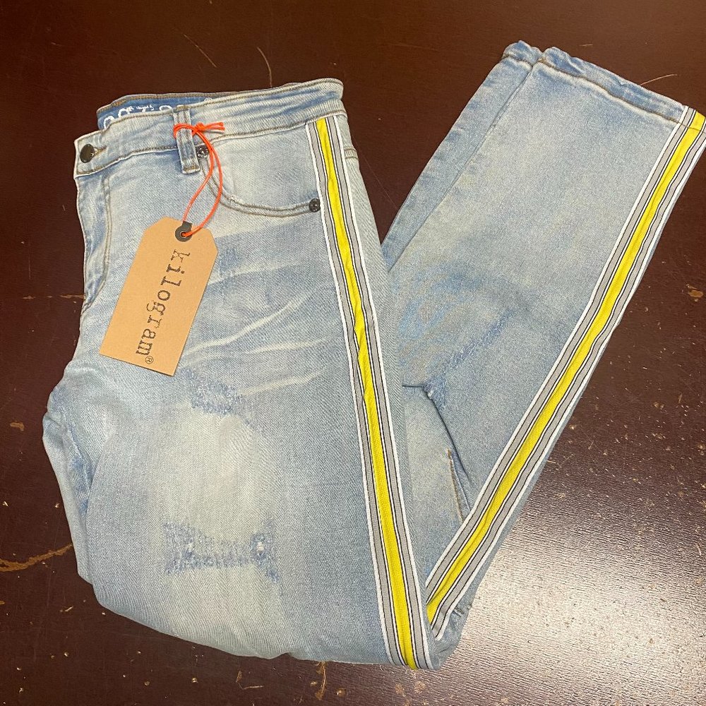 Kilogram Mens Blue Distressed Striped 5 Pocket Design Denim Straight Jeans Sz 36